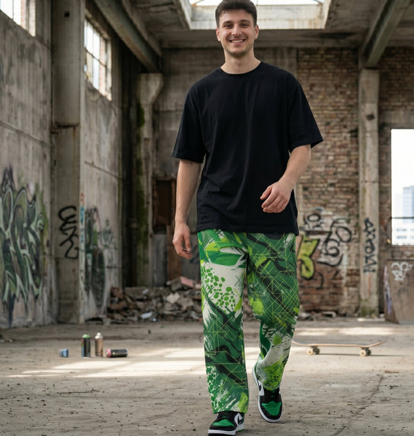 "Grid Riot: Neon" Cotton Wide-Leg Pants