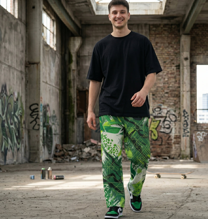 "Grid Riot: Neon" Cotton Wide-Leg Pants