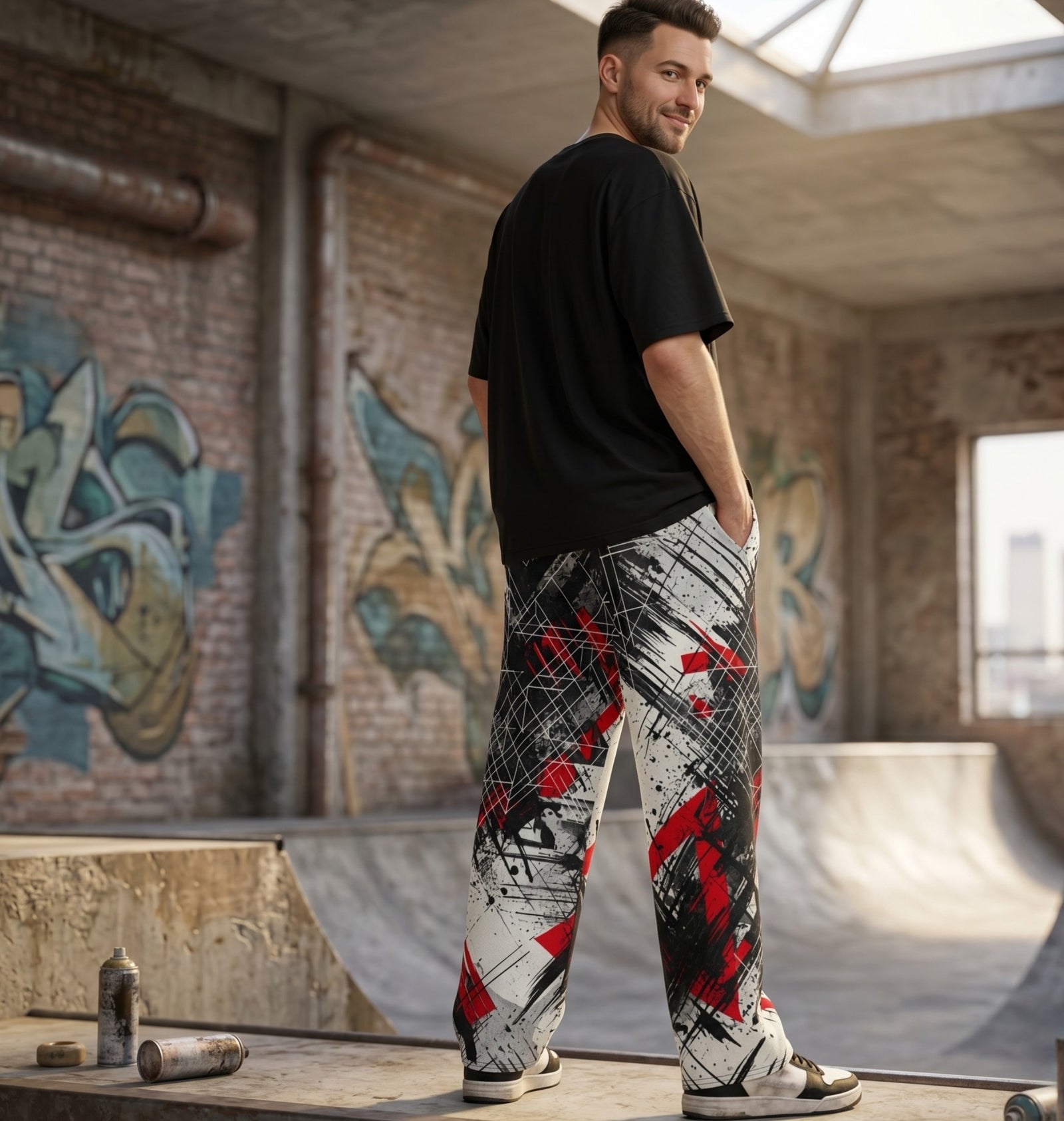 "Grid Riot" Cotton Wide-Leg Pants