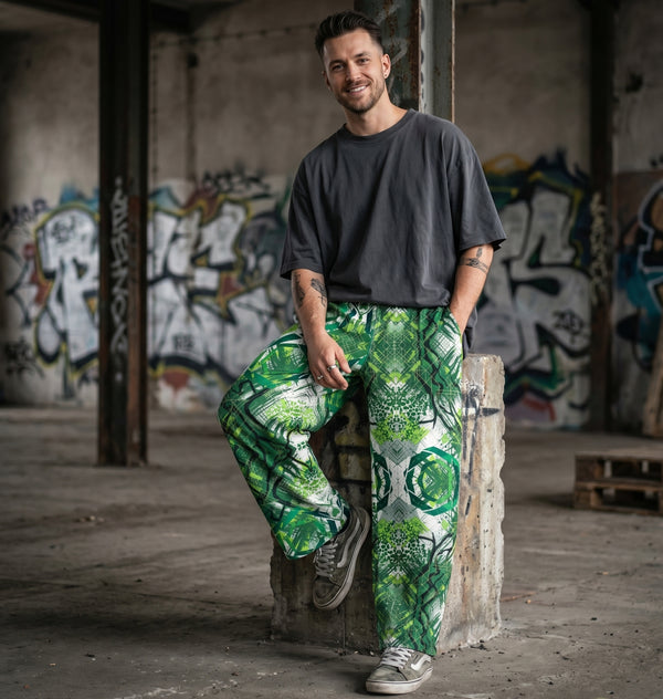 "Urban Overgrowth" Cotton Wide-Leg Pants