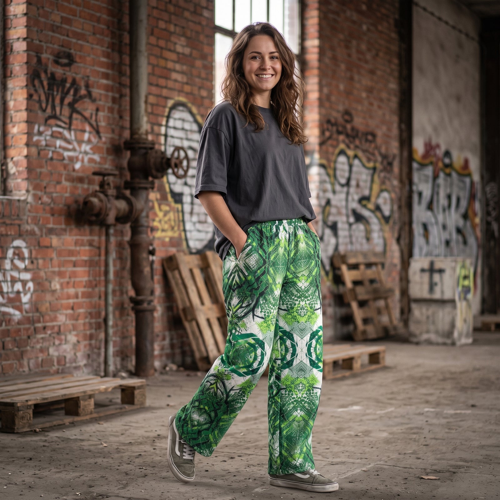 "Urban Overgrowth" Cotton Wide-Leg Pants