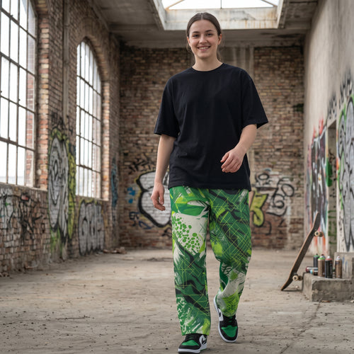 "Grid Riot: Neon" Cotton Wide-Leg Pants