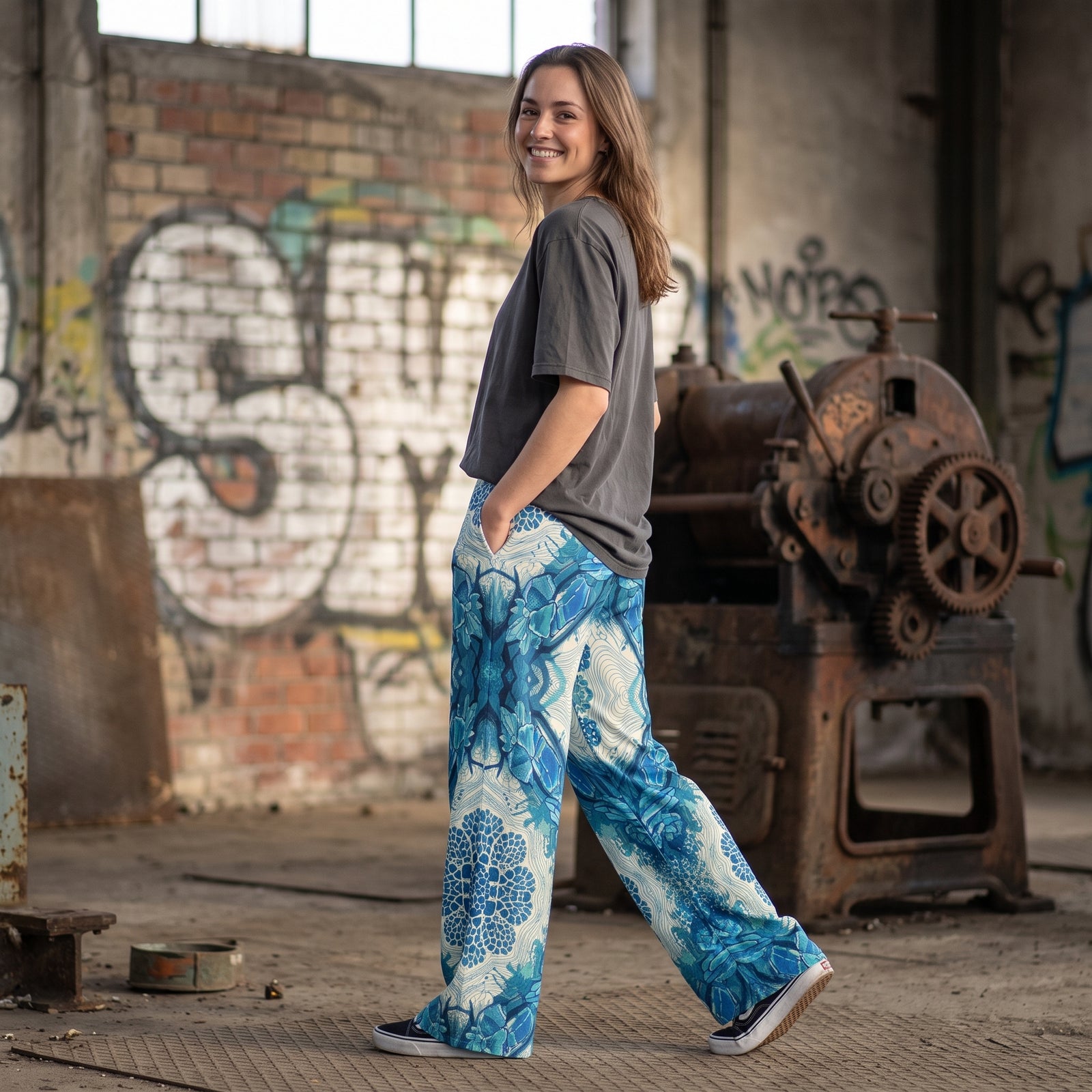 "Deep Current" Cotton Wide-Leg Pants
