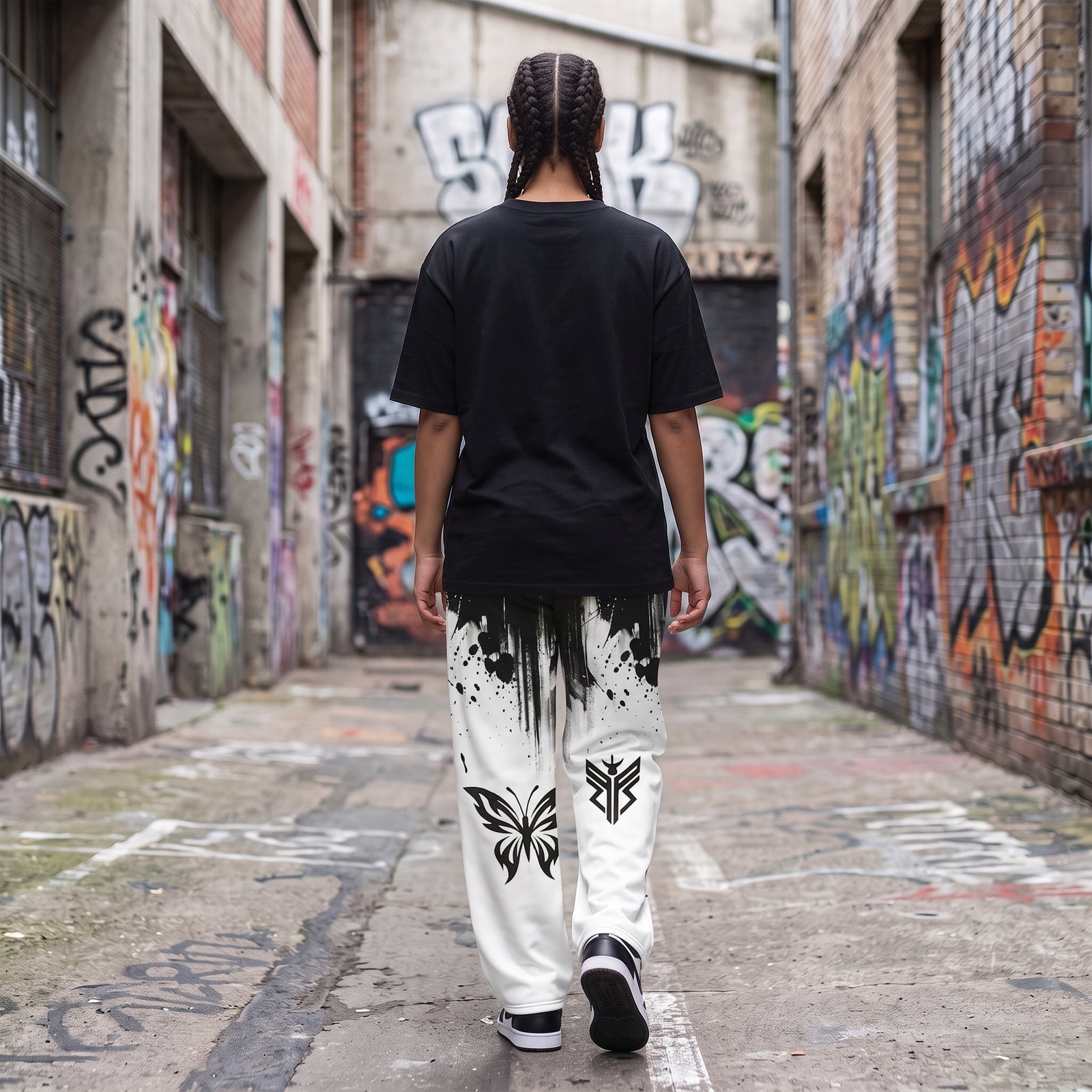 "Dark Flutter" Cotton Wide-Leg Pants