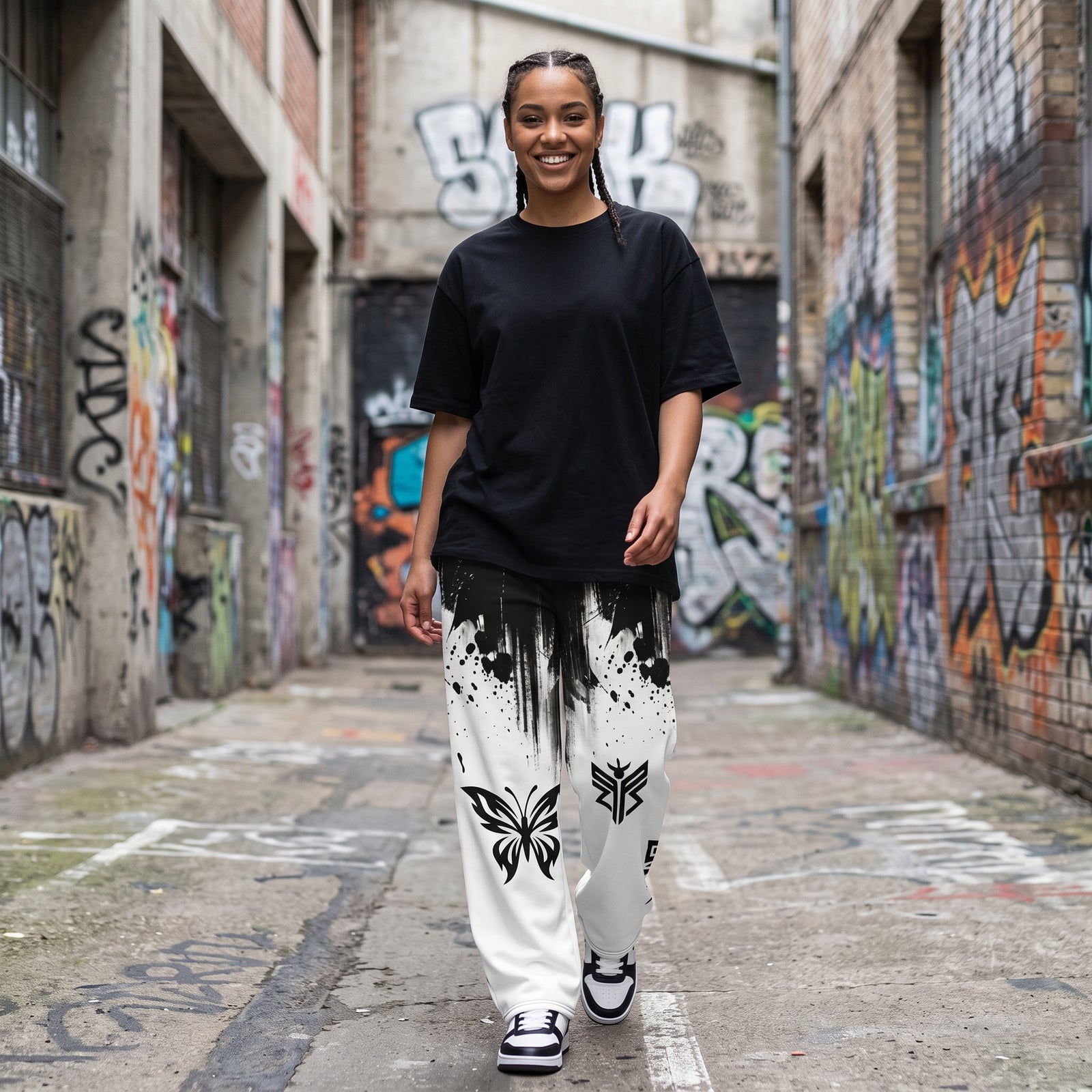 "Dark Flutter" Cotton Wide-Leg Pants