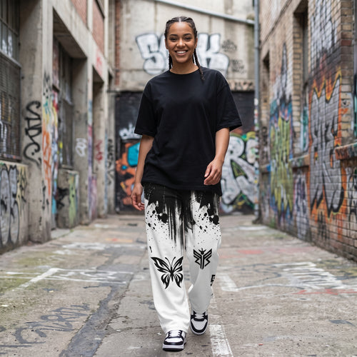"Dark Flutter" Cotton Wide-Leg Pants