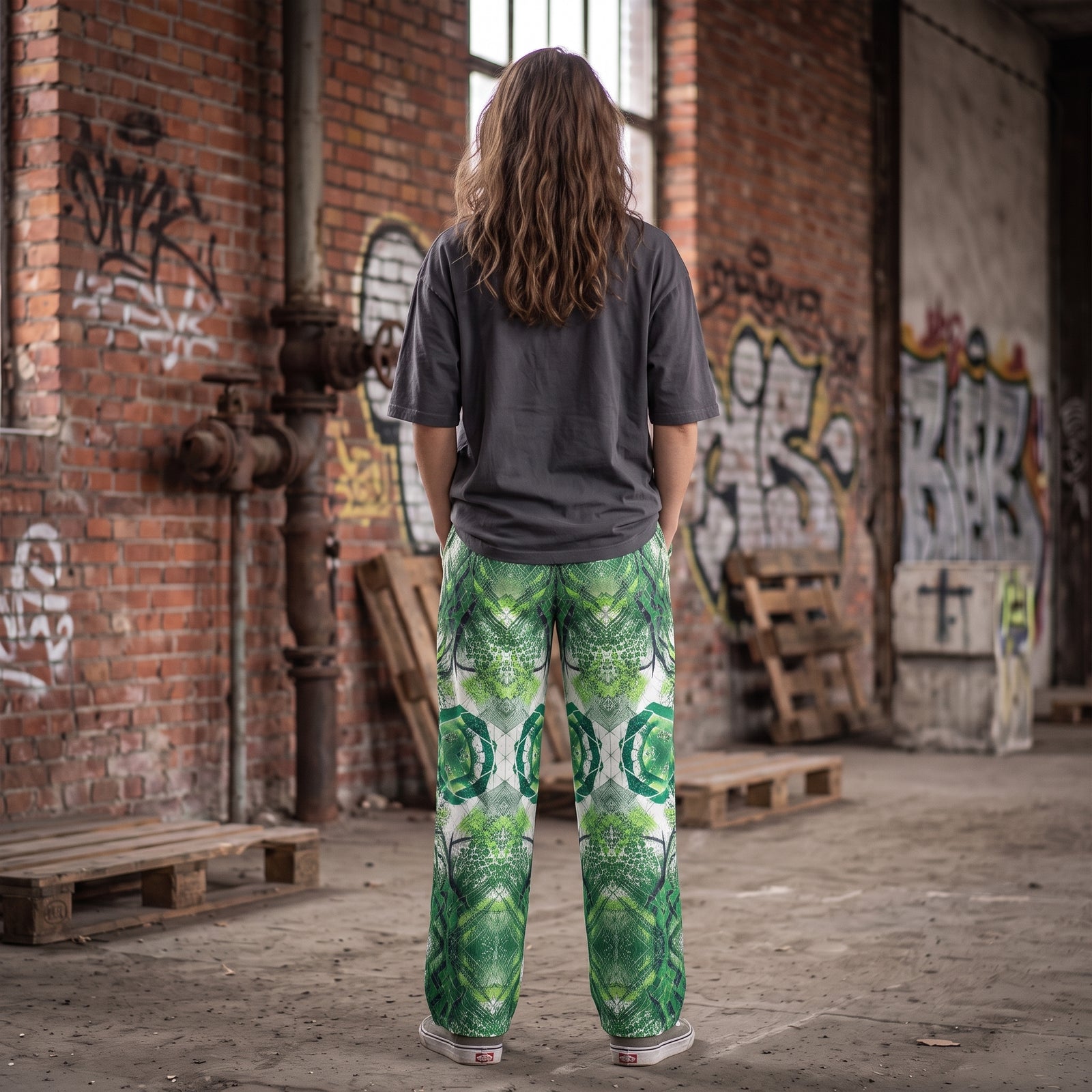 "Urban Overgrowth" Cotton Wide-Leg Pants